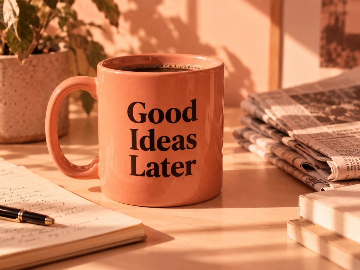 A coral mug that reads Good Ideas Later