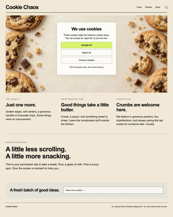 Cookie Chaos — an original sample webpage you can destroy in Destroy Website