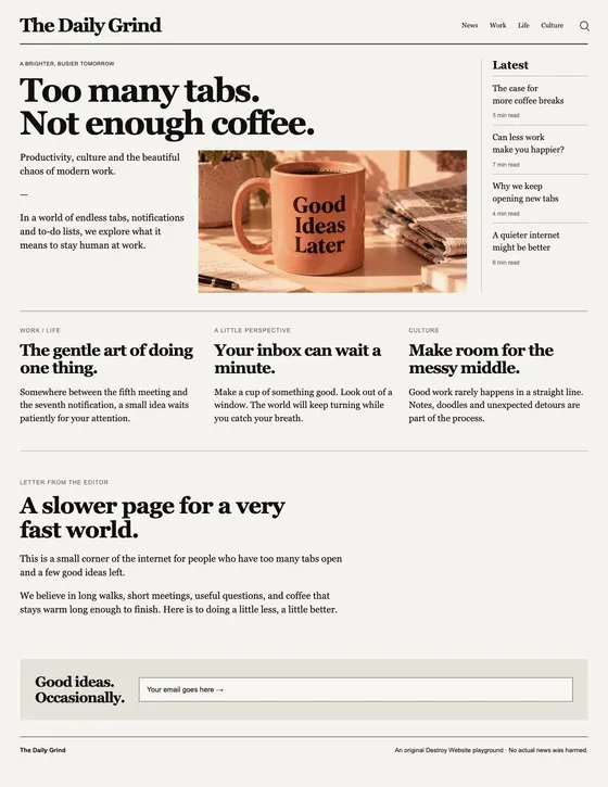 The Daily Grind — an original sample webpage you can destroy in Destroy Website