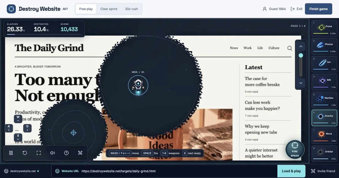 Actual Destroy Website gameplay with Orbital Strike and Gravity Well holes in The Daily Grind newspaper screenshot