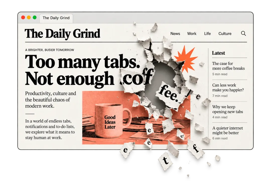A newspaper webpage bursting into torn paper and flying fragments in the Destroy Website game concept preview