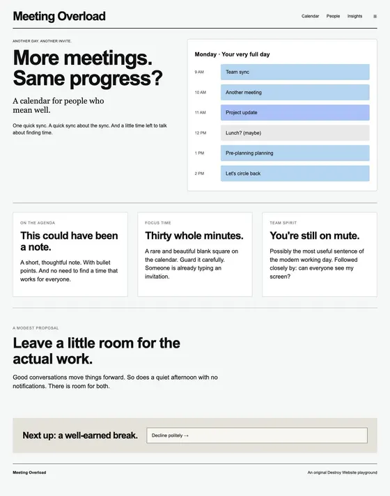 Meeting Overload — an original sample webpage you can destroy in Destroy Website